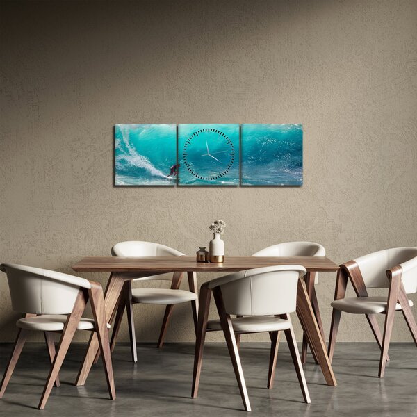 Obraz surferov vo vlnách (s hodinami) (90x30 cm)