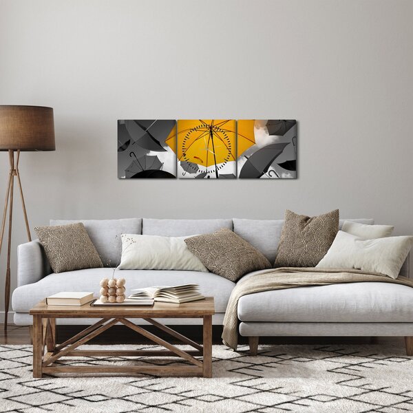 Obraz žltého dáždnika (s hodinami) (90x30 cm)