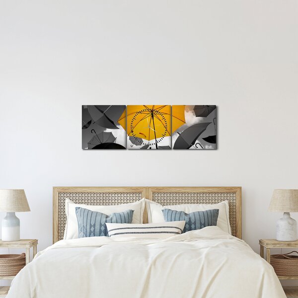 Obraz žltého dáždnika (s hodinami) (90x30 cm)