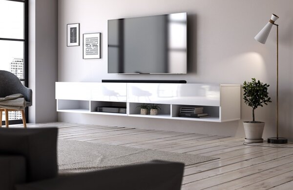Vivaldi Závesný TV stolík Derby 200 cm biely mat/biely lesk