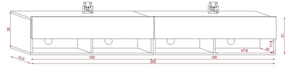 Vivaldi Závesný TV stolík Derby 200 cm biely mat/biely lesk