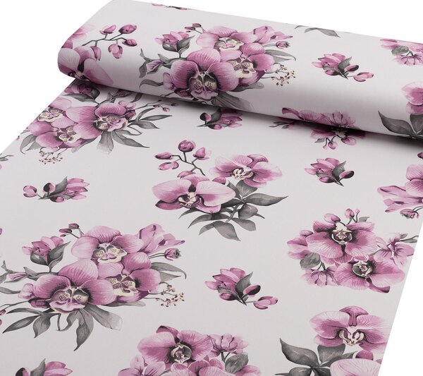 Bavlnená látka/plátno Sandra SA-623 Lila orchidey na bielom - šírka 160 cm