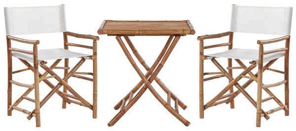 Bambusová sada bistra z prírodného dreva, béžová látková sedačka, 2 skladacie stoličky a bočný stolík