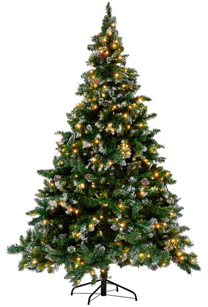 Umelý vianočný stromček zelený syntetický materiál 210 cm vetvy so snehom LED svetielka borovicové šišky Vianoce doplnky