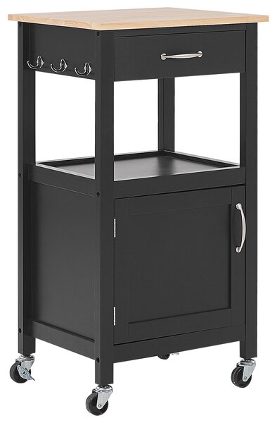 Kuchynský vozík čierny vrchná doska zo svetlého dreva MDF 48 x 39 x 89 cm skrinka zásuvka polica vešiačiky na kolieskach úložný priestor
