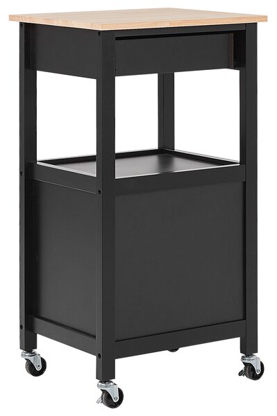 Kuchynský vozík čierny vrchná doska zo svetlého dreva MDF 48 x 39 x 89 cm skrinka zásuvka polica vešiačiky na kolieskach úložný priestor