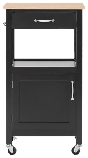 Kuchynský vozík čierny vrchná doska zo svetlého dreva MDF 48 x 39 x 89 cm skrinka zásuvka polica vešiačiky na kolieskach úložný priestor