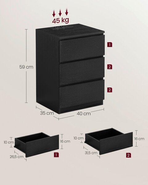 SADA NOČNÝCH STOLÍKOV, čierna, 40/59/35 cm MID.YOU - Spálňové sety, Online Only