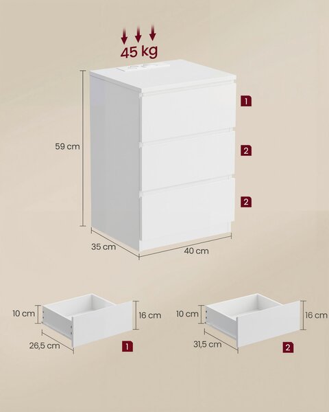 SADA NOČNÝCH STOLÍKOV, biela, 40/59/35 cm MID.YOU - Spálňové sety, Online Only