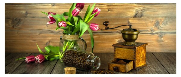 Obraz - tulipány, mlynček a káva (120x50 cm)