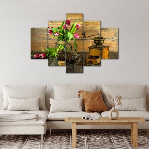 Obraz - tulipány, mlynček a káva (150x105 cm)
