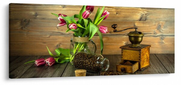 Obraz - tulipány, mlynček a káva (120x50 cm)