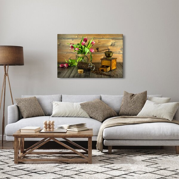 Obraz - tulipány, mlynček a káva (90x60 cm)