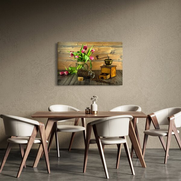 Obraz - tulipány, mlynček a káva (90x60 cm)