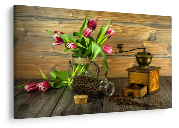 Obraz - tulipány, mlynček a káva (90x60 cm)