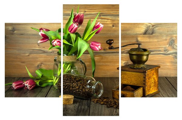 Obraz - tulipány, mlynček a káva (90x60 cm)
