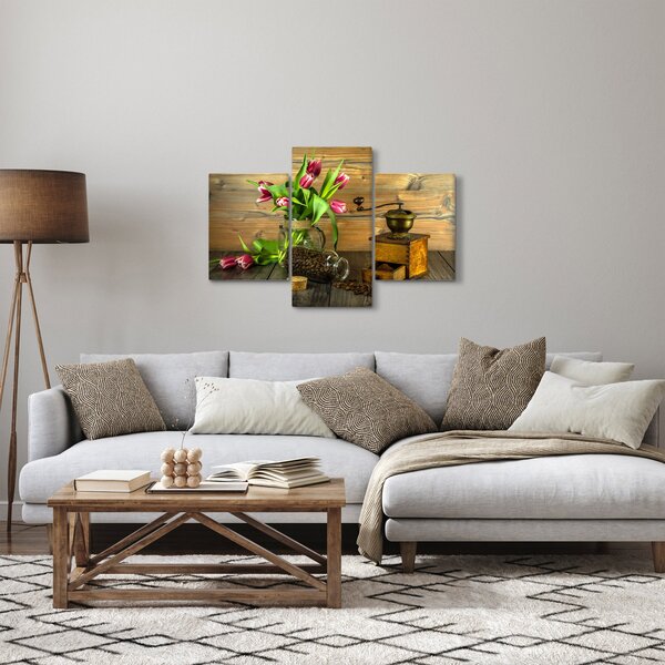 Obraz - tulipány, mlynček a káva (90x60 cm)