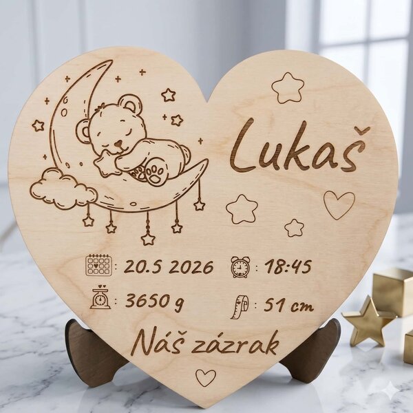 Drevená tabuľka s údajmi o narodení – Náš zázrak