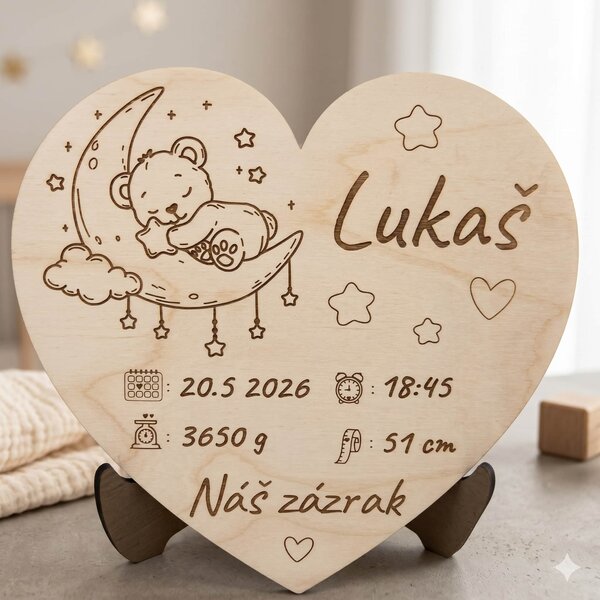 Drevená tabuľka s údajmi o narodení – Náš zázrak