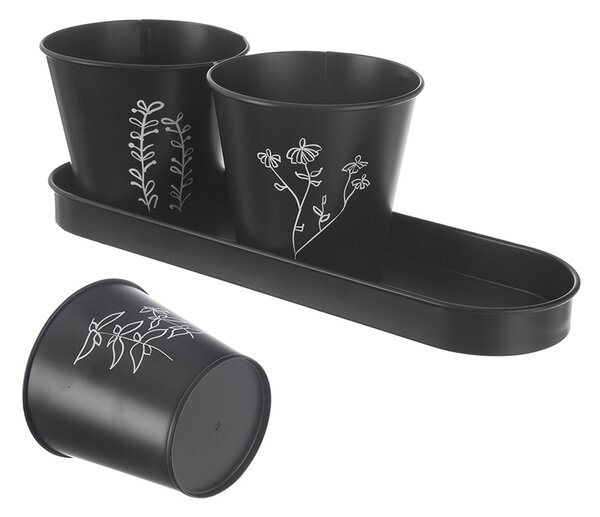 Kvetináč bylinky BLACK pr. 11 cm 3 ks+podtácka
