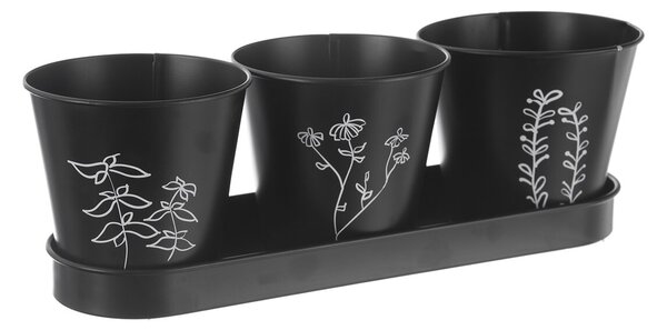 Kvetináč bylinky BLACK pr. 11 cm 3 ks+podtácka