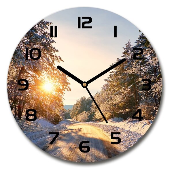 Sklenené nástenné hodiny okrúhle Cesta v lese zima