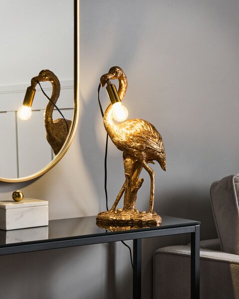 Stolná lampa zlatá polyresín zvierací motív tvar plameniaka moderný glamour štýl nočná lampa obývacia izba spálňa