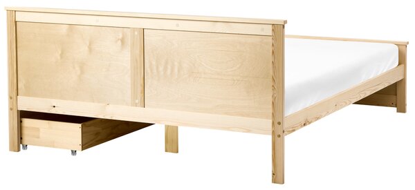 Drevená posteľ s 2 zásuvkami prírodné svetlé borovicové drevo MDF brezové drevo 160 x 200 cm rám postele s čelom