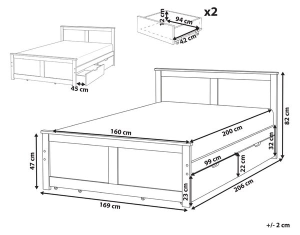 Drevená posteľ s 2 zásuvkami prírodné svetlé borovicové drevo MDF brezové drevo 160 x 200 cm rám postele s čelom