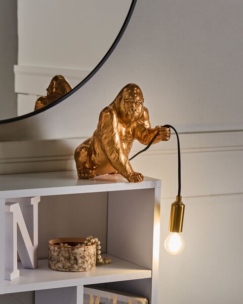 Stolná lampa zlatá polyresín zvierací motív tvar gorily moderný glamour štýl nočná lampa obývacia izba spálňa