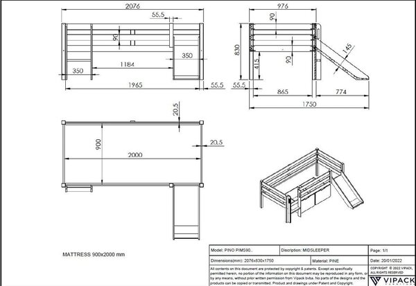 Biela detská vyvýšená posteľ so šmykľavkou Vipack Pino, 90 x 200 cm