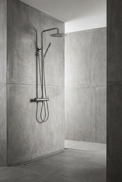 Sapho Minimal, sprchový stĺp s pákovou s batériou, okrúhla hlavica, oceľová, MI139