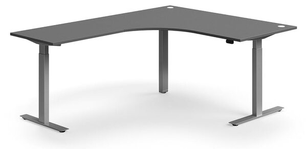 Výškovo nastaviteľný stôl FLEXUS, rohový, 1600x2000 mm, strieborný rám, šedá