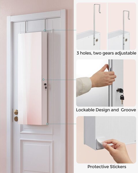 SONGMICS Závesná šperkovnica so zrkadlom 120 cm biela