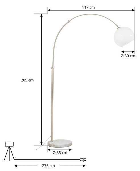 Lindby Oblúkové svietidlo Alverton, biela/nikel, sklo, 197 cm, Biela / opálová, Obývacia izba / jedáleň, kov, Moderný, Oblúková stojaca lampa