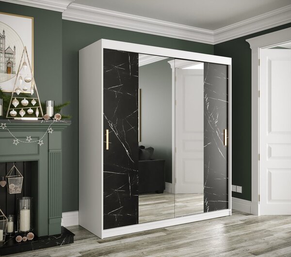 Zrkadlová skriňa s posuvnými dverami MAREILLE 2 - šírka 180 cm, biela / čierny mramor
