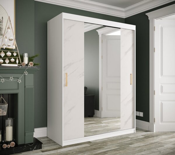 Zrkadlová skriňa s posuvnými dverami MAREILLE 2 - šírka 150 cm, biela / biely mramor