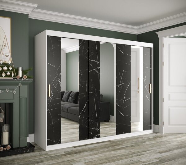 Šatníková skriňa s posuvnými dverami a zrkadlami MAREILLE 4 - šírka 250 cm, biela / čierny mramor