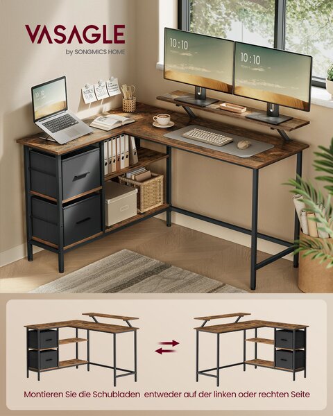 VASAGLE Rohový stôl s policou a úložnými boxmi 135 x 90 x 105 cm hnedý