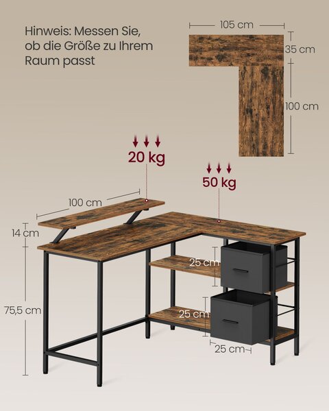 VASAGLE Rohový stôl s policou a úložnými boxmi 135 x 90 x 105 cm hnedý