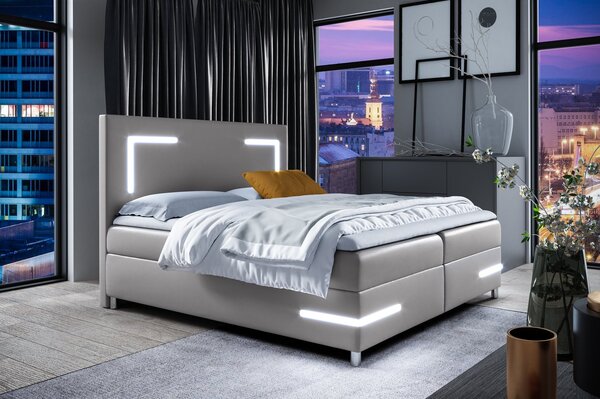 Čalúnená posteľ s osvetlením KAZIMA - 200x200, šedá + topper ZDARMA