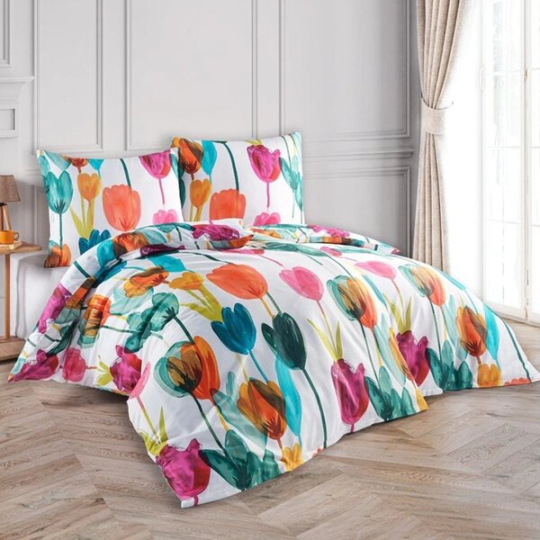 Saténové posteľné obliečky Tulipi s veľkými kvetmi tulipánov - Bedtex Exclusive - 100% bavlna - 70 x 90 cm + 140 x 200 cm