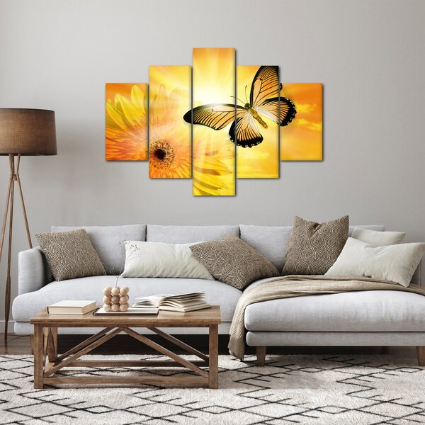 Obraz - Žltý motýľ s kvetom (150x105 cm)
