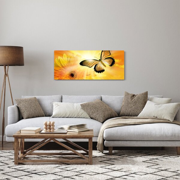 Obraz - Žltý motýľ s kvetom (120x50 cm)
