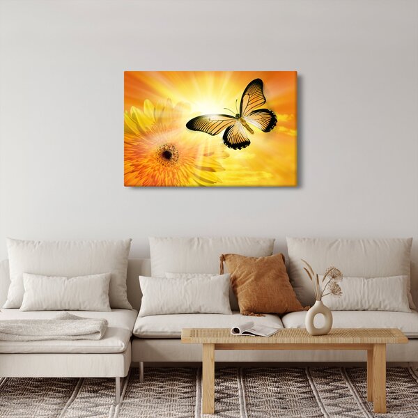 Obraz - Žltý motýľ s kvetom (90x60 cm)