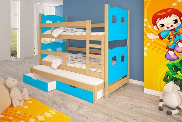 Detská poschodová posteľ pre troch KALA 1 - 75x180, borovica / modrá