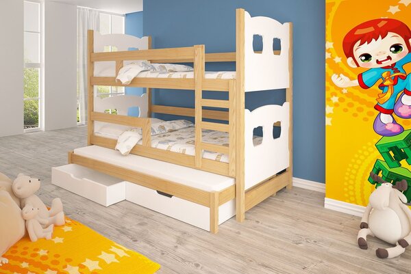 Detská poschodová posteľ pre troch KALA 1 - 75x180, borovica / biela