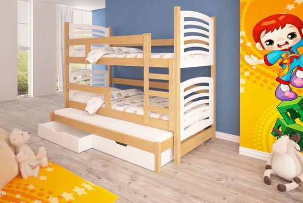 Detská poschodová posteľ pre troch KALA 2 - 75x180, borovica / biela