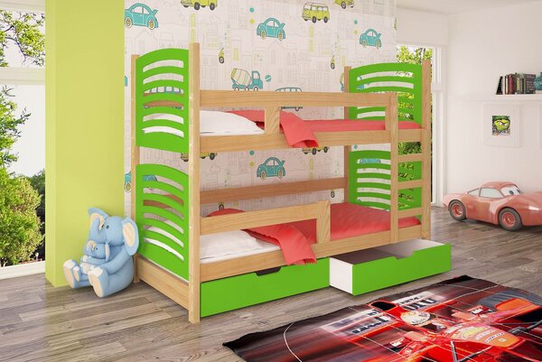 Poschodová posteľ s úložným priestorom KALA 2 - 75x180, borovica / zelená