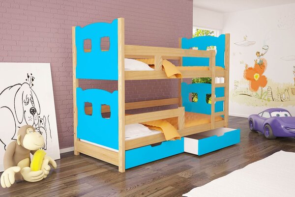 Poschodová posteľ s úložným priestorom KALA 1 - 75x180, borovica / modrá